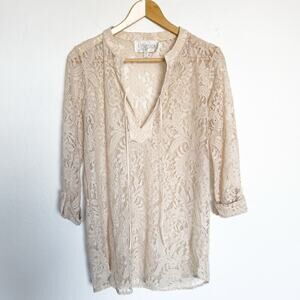 Rory Beca Lace Tunic Small Mini Dress Tan Tie Boho Festival Sheer Western